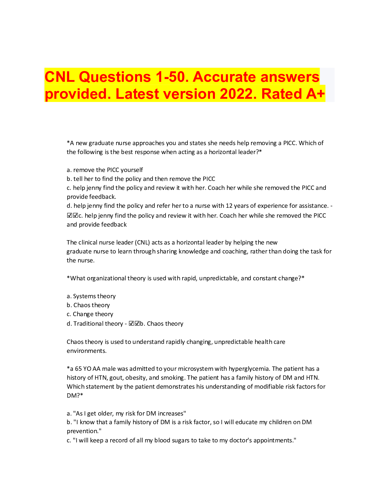 Preview of CNL Questions 1-50. Accurate answers provided. Latest version 2022. Rated A+